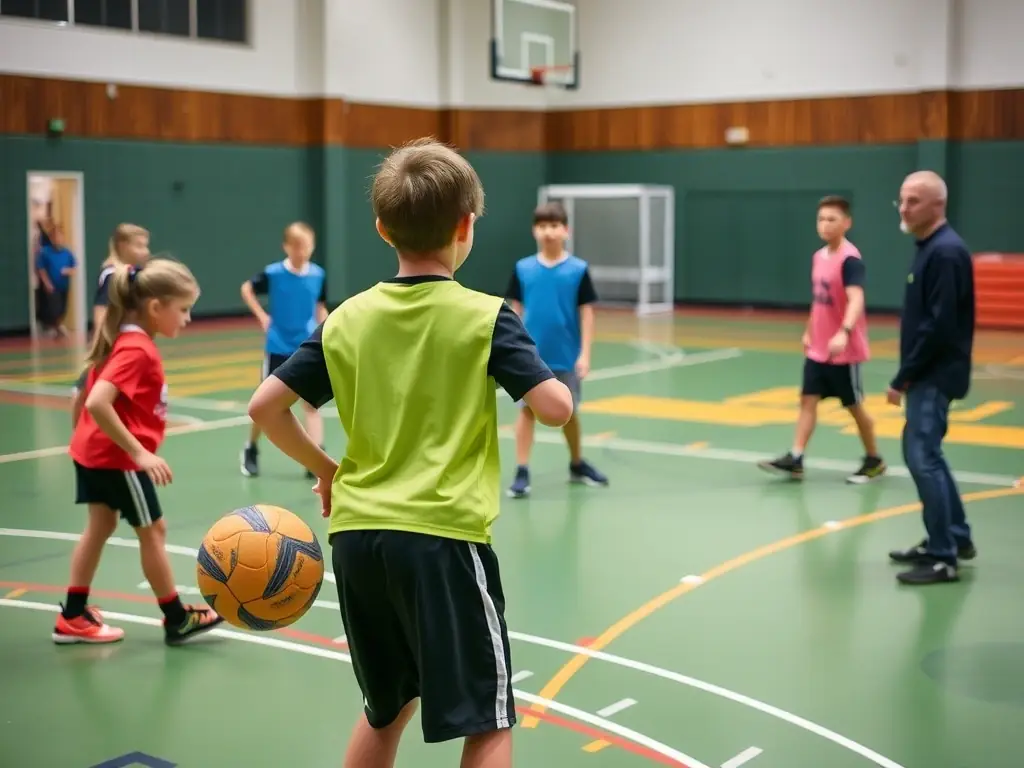 A dynamic shot of young handball players in action during a training session at Stade Langonnais, showcasing their energy and teamwork.