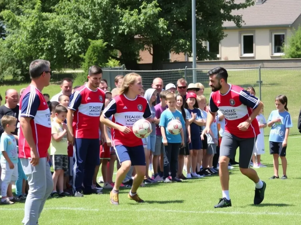 A vibrant photo of Stade Langonnais members participating in a community handball event, promoting the sport and engaging with local residents.
