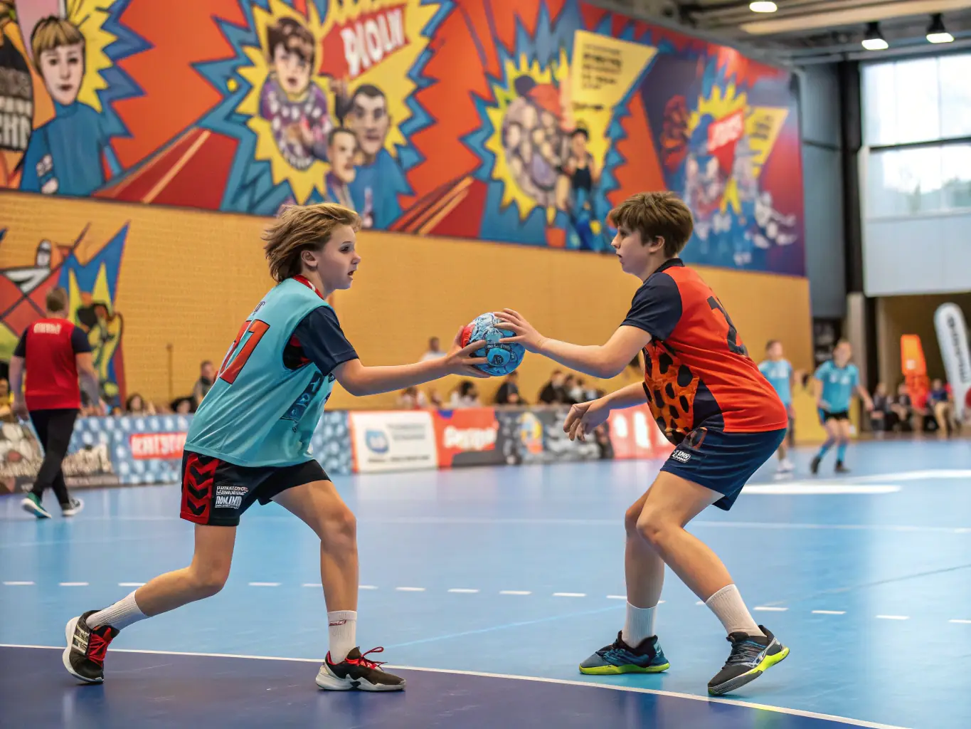A dynamic action shot of young handball players in Stade Langonnais jerseys participating in a training drill on an indoor court, showcasing their agility and teamwork.