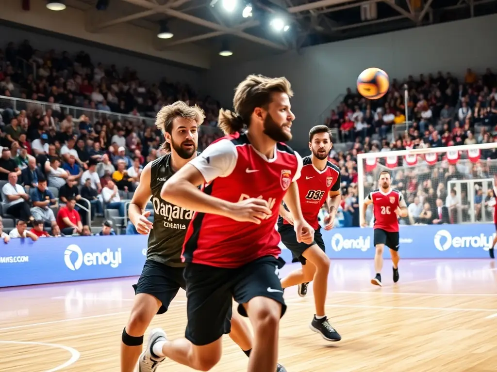 A photograph of adult handball players from Stade Langonnais in action during a competitive match, demonstrating their strategic play and physical prowess.