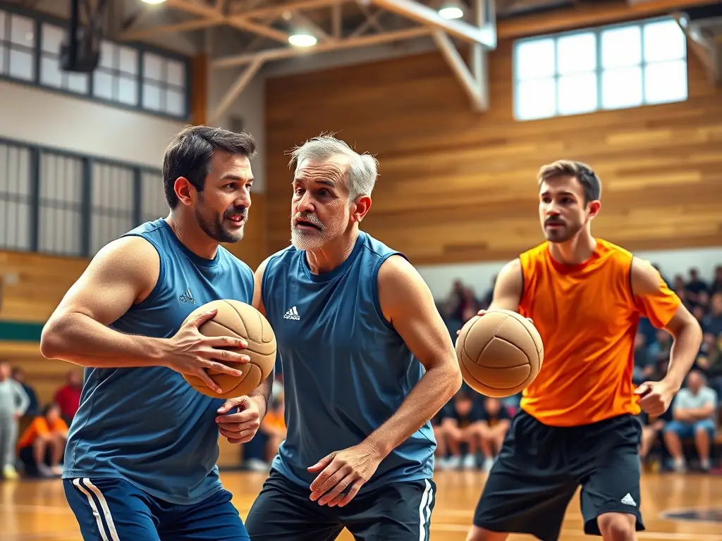 A focused image of adult handball players strategizing during a break in a match, highlighting the tactical aspects of the sport.