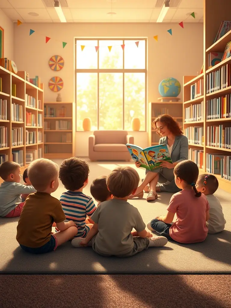 A group of children enthusiastically participating in a storytelling session at the BIBLIOTHEQUE ASSOCIATIVE UTTINGEOISE, with a librarian reading aloud from a colorful picture book.