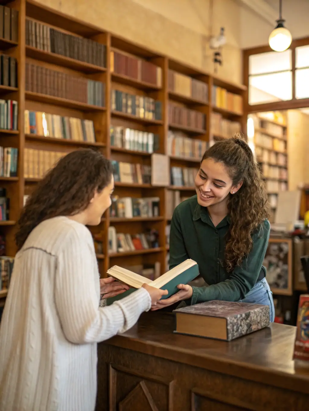 A volunteer assisting a library patron in finding a book at the BIBLIOTHEQUE ASSOCIATIVE UTTINGEOISE, showcasing the library's commitment to personalized service.