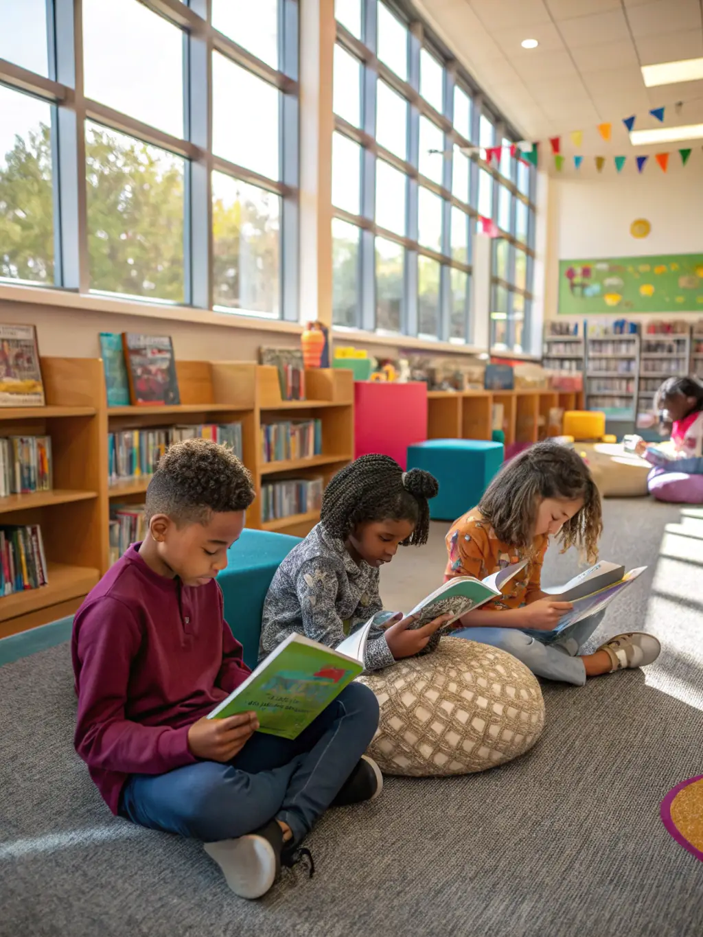A group of children participating in a storytelling session at the library, with a librarian reading aloud from a colorful picture book.