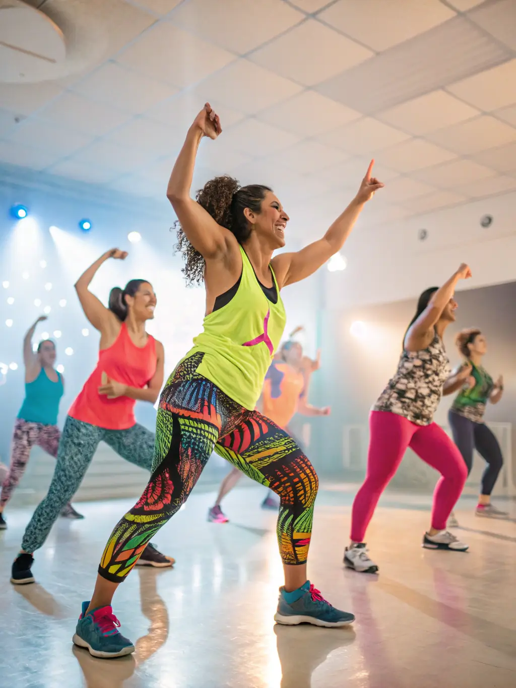 A group of people doing a Zumba class in a brightly lit studio with a high-energy instructor leading the dance moves.
