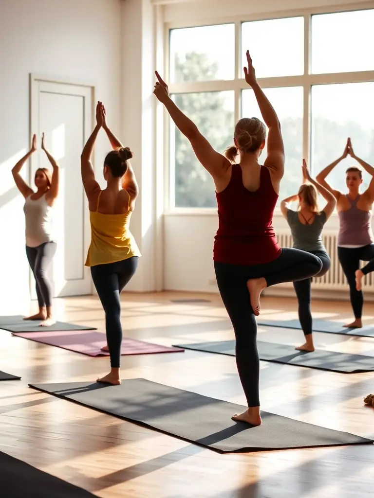 A group of people participating in a yoga class, performing various poses in a serene and calming studio environment.