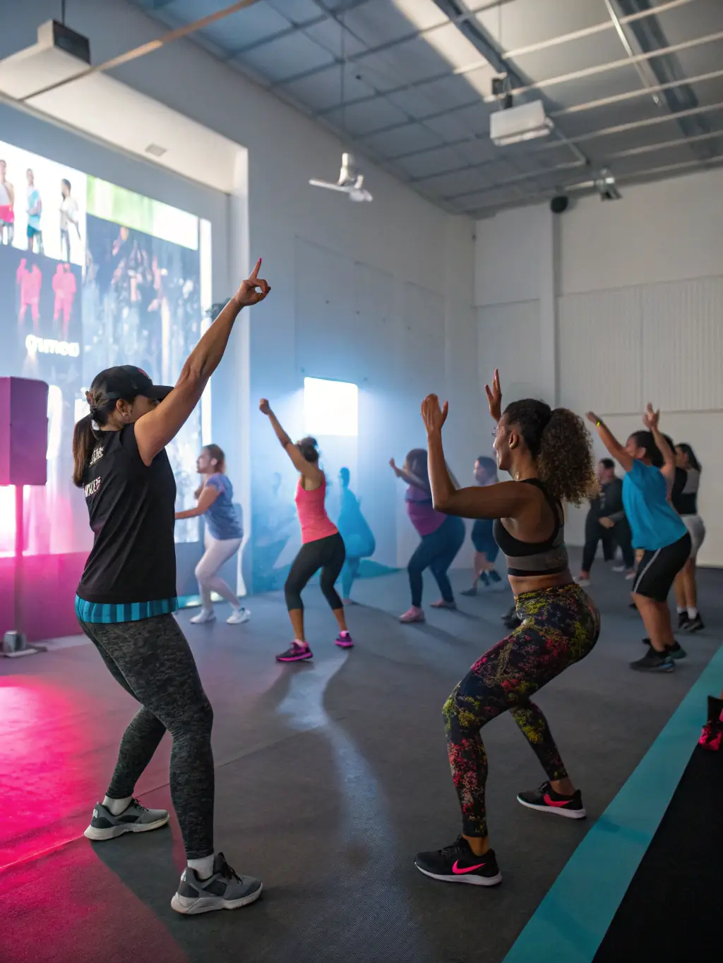 A dynamic image of a group fitness class at RYTHM'AISNE FORME, showcasing participants engaged in a high-energy workout, led by an instructor.