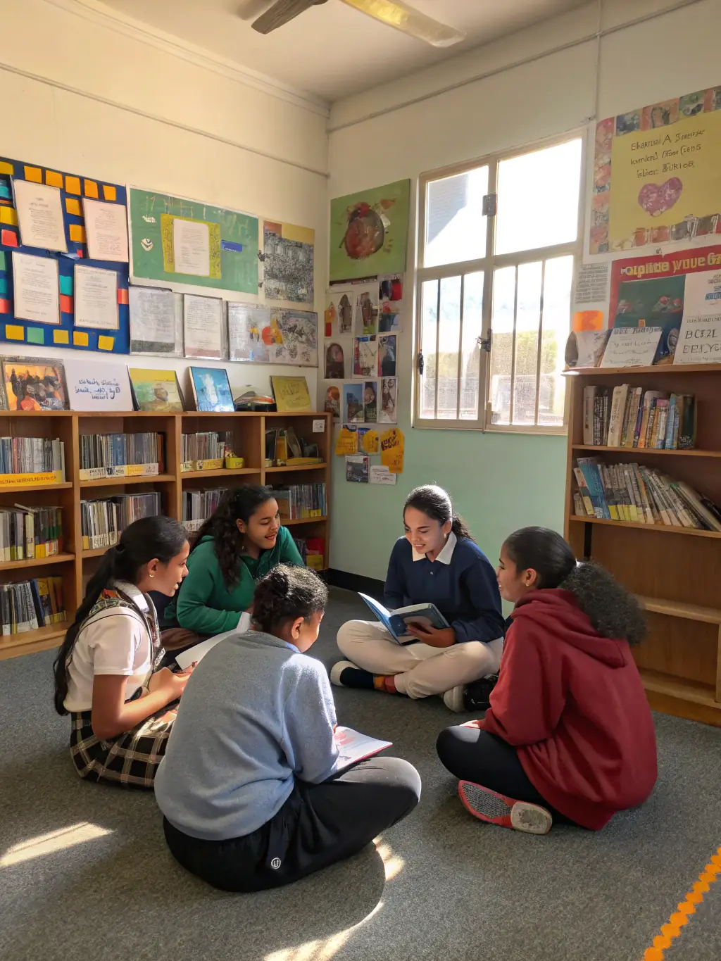 Teenagers engaged in a book club discussion, sitting around a table with books and notebooks, sharing their thoughts and interpretations.