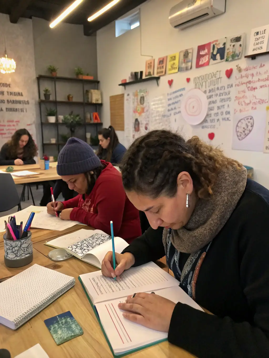 Adults attending a workshop on creative writing, with a facilitator guiding them through writing exercises and providing feedback.