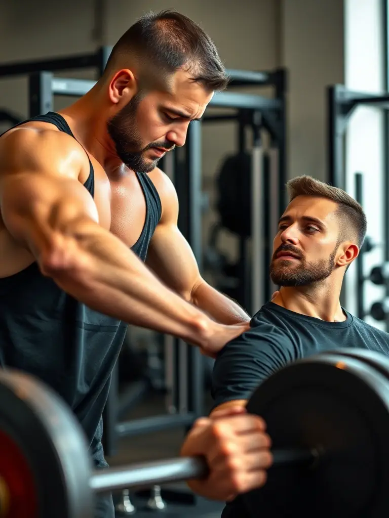 A person lifting weights with a personal trainer supervising their form in a modern gym setting.