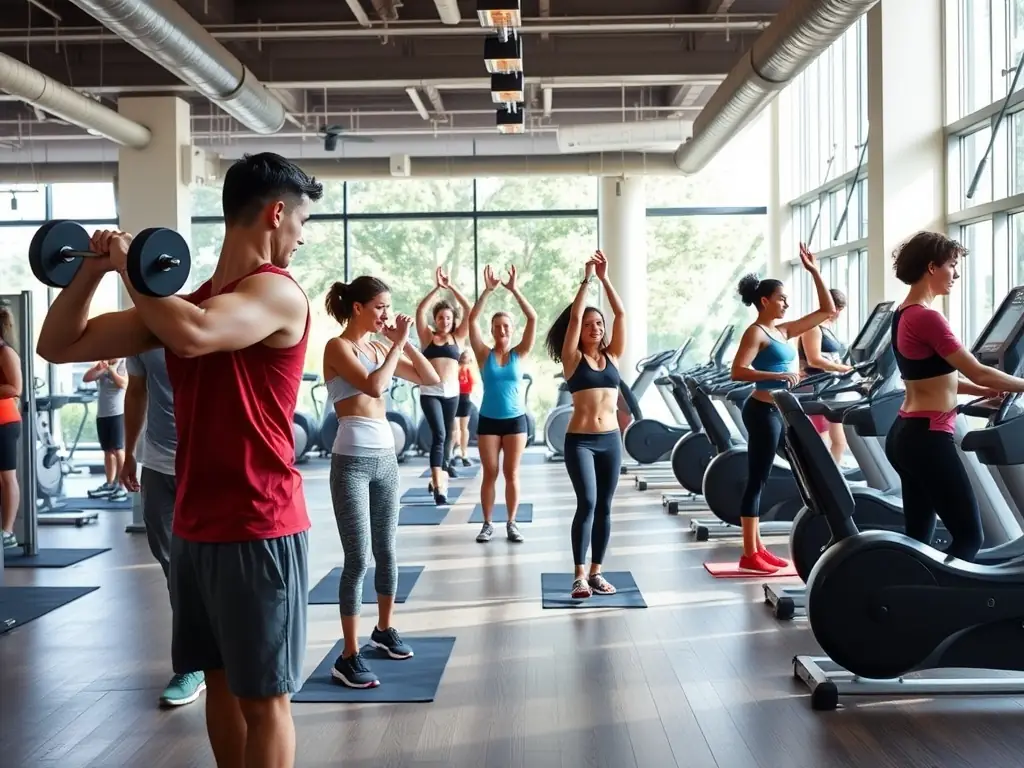 A group of diverse people exercising together in a modern gym, smiling and supporting each other.