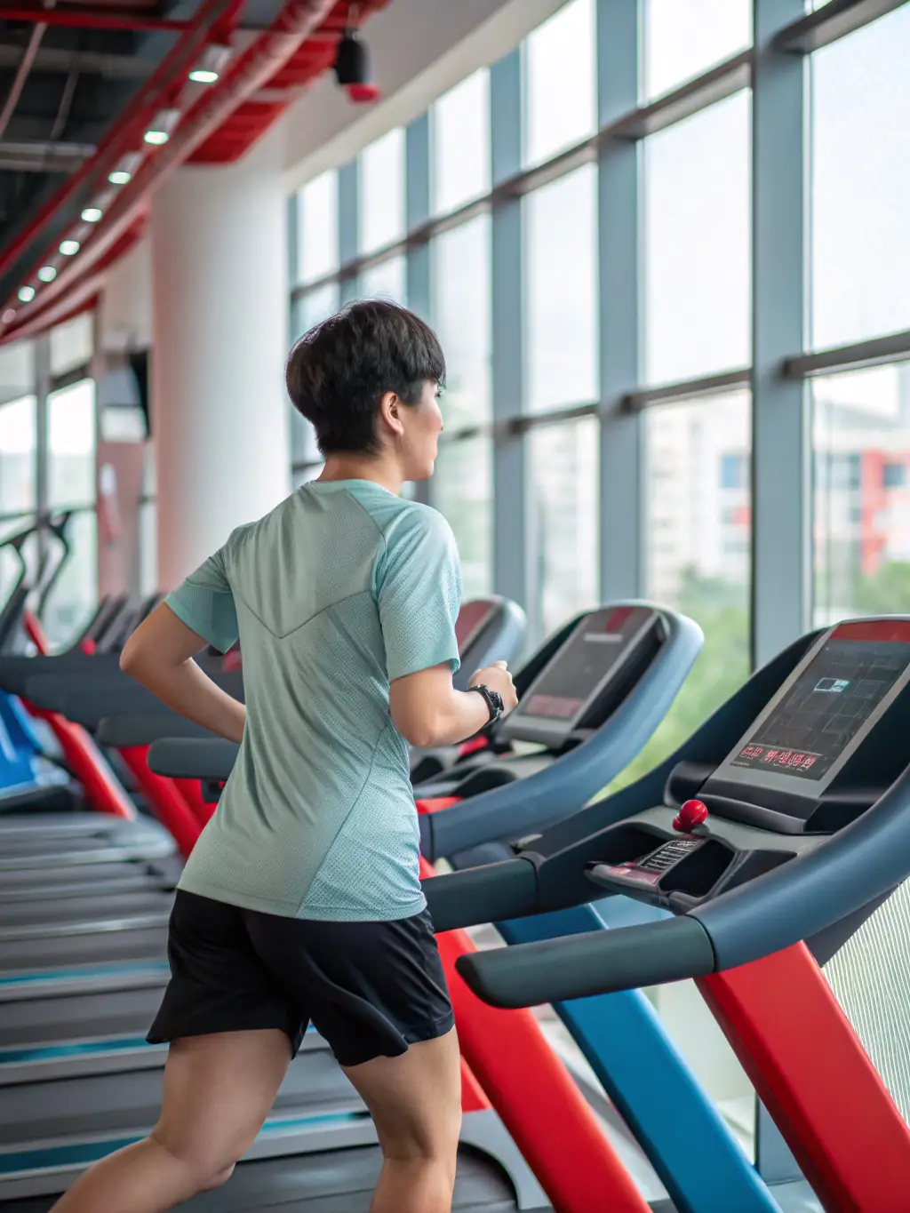 A person running on a treadmill in a well-equipped gym, focusing on cardiovascular fitness and endurance training.