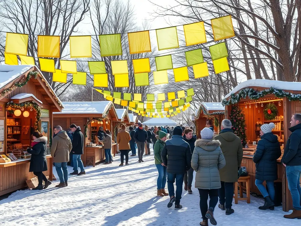 A festive image of the Winter Cultural Fair, with craft stalls, performances, and cultural showcases set against a backdrop of winter decorations in Parc de Courbeton.