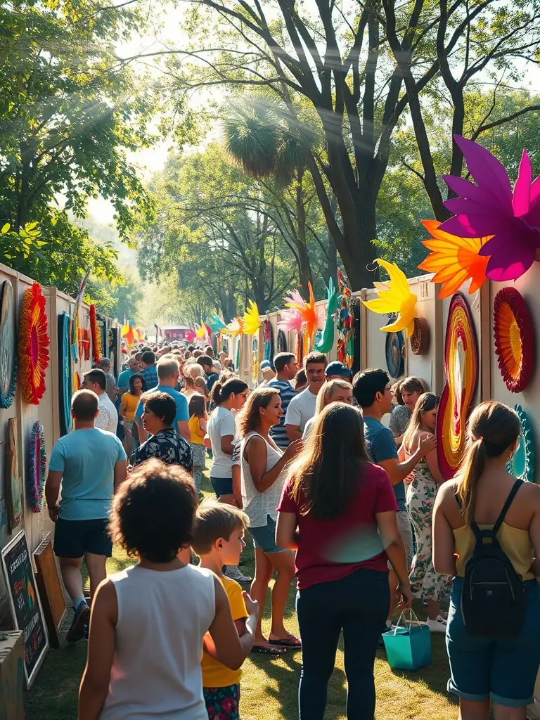 A photograph capturing a vibrant summer arts festival at Parc de Courbeton, featuring artists displaying their work and visitors enjoying the event.