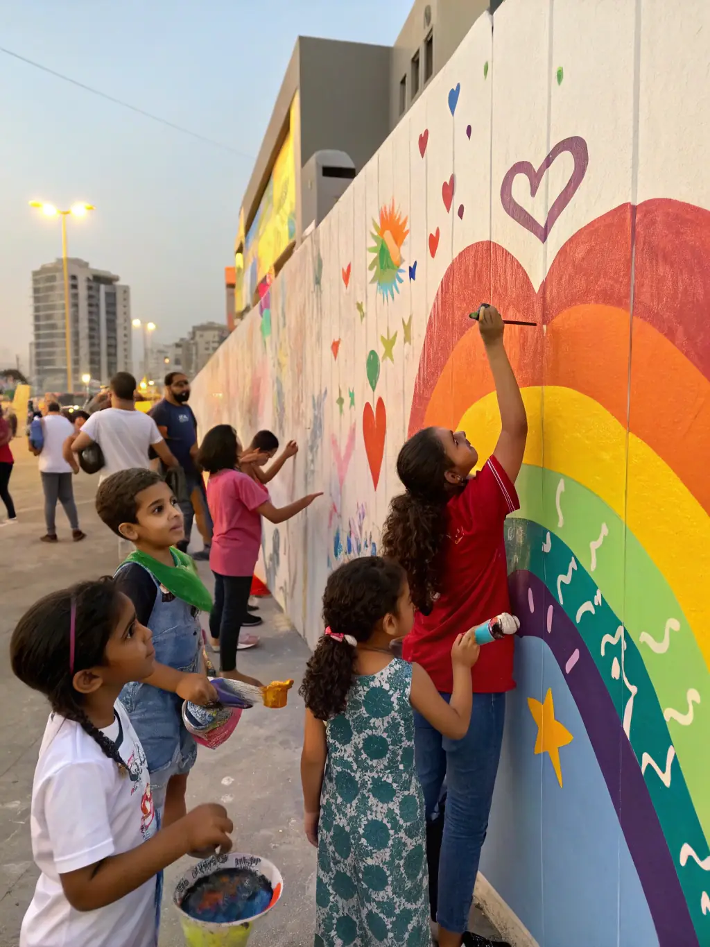 A photograph showing a group of community members and artists collaborating on a colorful mural project at Parc de Courbeton.