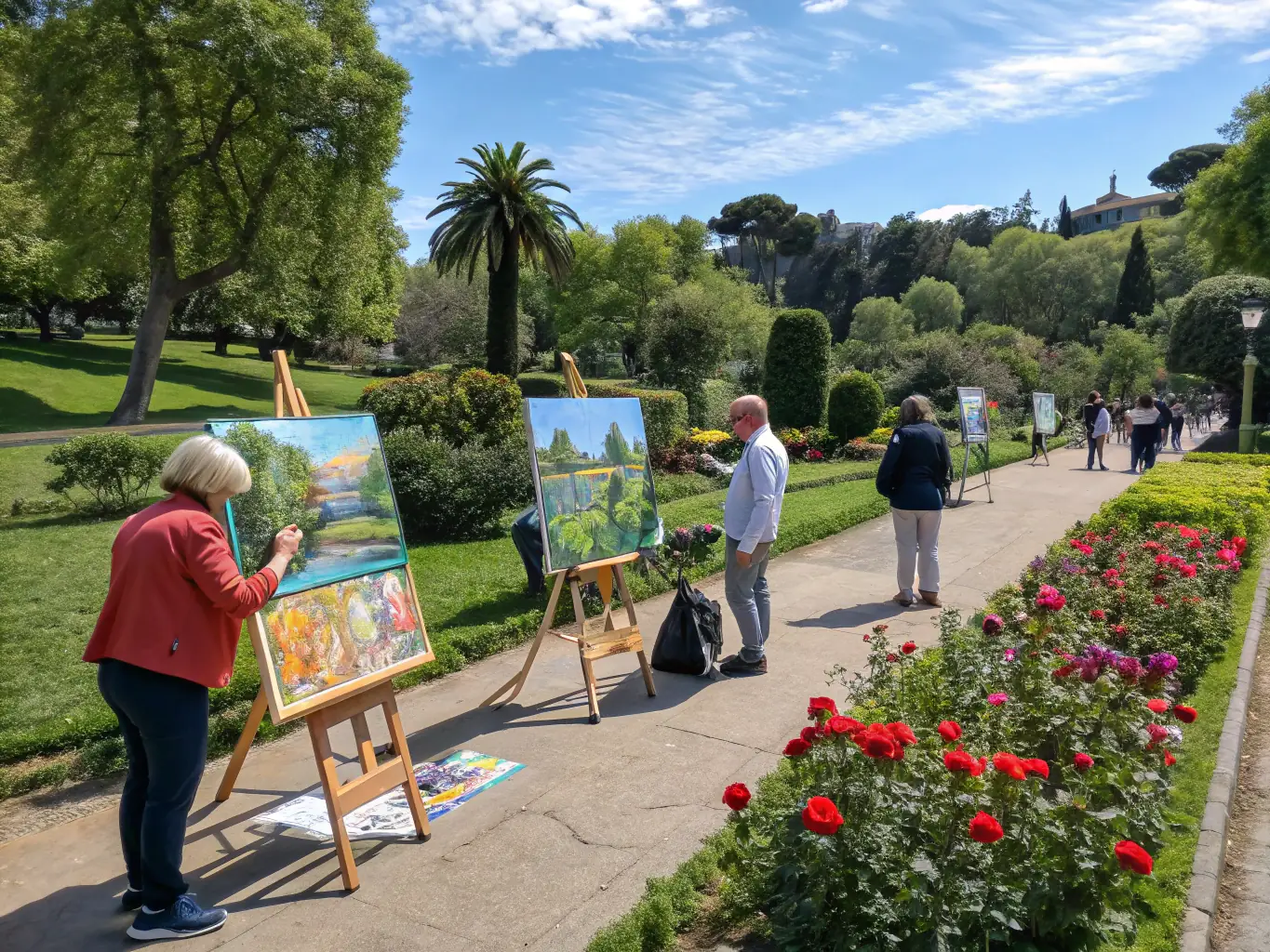 A vibrant image of the Summer Arts Festival 2023, showcasing artists displaying their work and attendees enjoying live music in Parc de Courbeton.